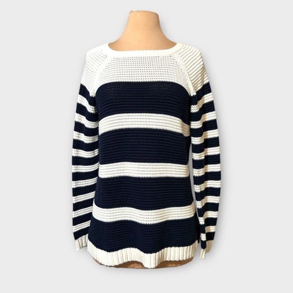 Classic Knit Striped Sweater S Navy Blue White Coastal Preppy Classic EUC